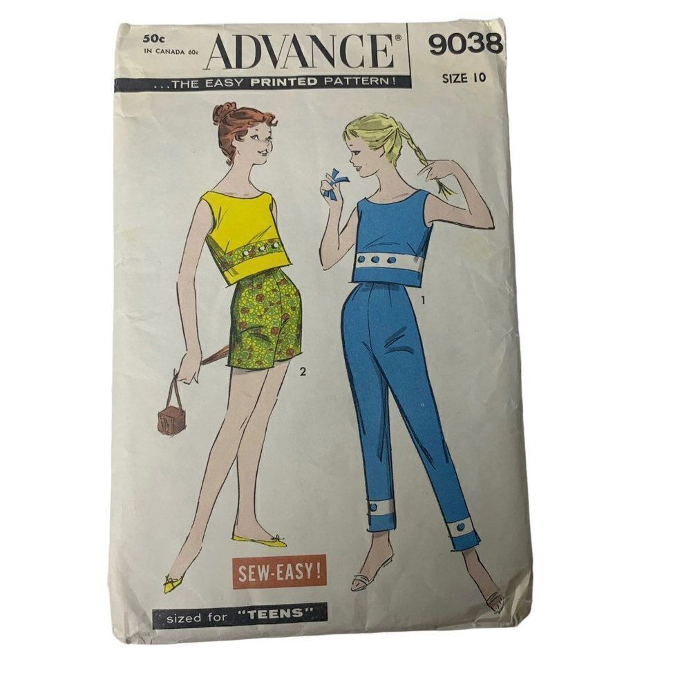 Vintage 60s Advance 9038 Pattern Teen 10-16 Sports Blouse Shorts Pants Easy Cut